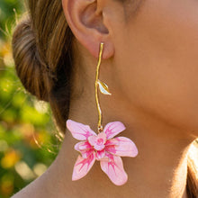 Load image into Gallery viewer, Enamel Orchid Flower Drop Earrings With Twig Post
