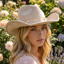 Load image into Gallery viewer, Ribbon Bow Pearl Chain Cowboy Hat
