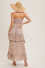 Load image into Gallery viewer, BOHO SMOCKED STRAPLESS TIERED RUFFLE MIDI DRESS
