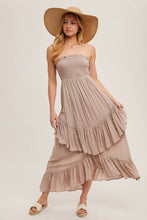 Load image into Gallery viewer, BOHO SMOCKED STRAPLESS TIERED RUFFLE MIDI DRESS
