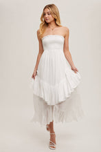 Load image into Gallery viewer, BOHO SMOCKED STRAPLESS TIERED RUFFLE MIDI DRESS
