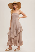 Load image into Gallery viewer, BOHO SMOCKED STRAPLESS TIERED RUFFLE MIDI DRESS
