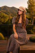 Load image into Gallery viewer, PLAID PUFF SLEEVE CORSET DETAIL TIERED MIDI DRESS
