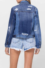 Load image into Gallery viewer, DISTRESSED CLASSIC FIT CROP JACKET W CONTRAST FABRIC
