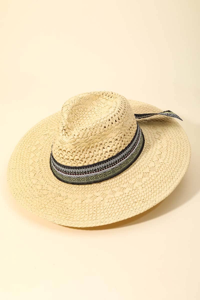 Boho Pattern Ribbon Straw Braided Hat