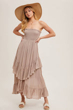 Load image into Gallery viewer, BOHO SMOCKED STRAPLESS TIERED RUFFLE MIDI DRESS
