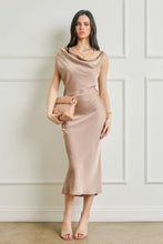 Load image into Gallery viewer, Satin Metal Trim Cowl Ruched Midi Dress
