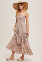 Load image into Gallery viewer, BOHO SMOCKED STRAPLESS TIERED RUFFLE MIDI DRESS
