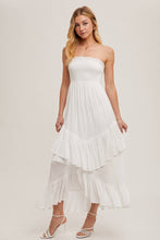 Load image into Gallery viewer, BOHO SMOCKED STRAPLESS TIERED RUFFLE MIDI DRESS
