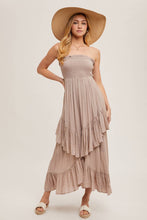 Load image into Gallery viewer, BOHO SMOCKED STRAPLESS TIERED RUFFLE MIDI DRESS
