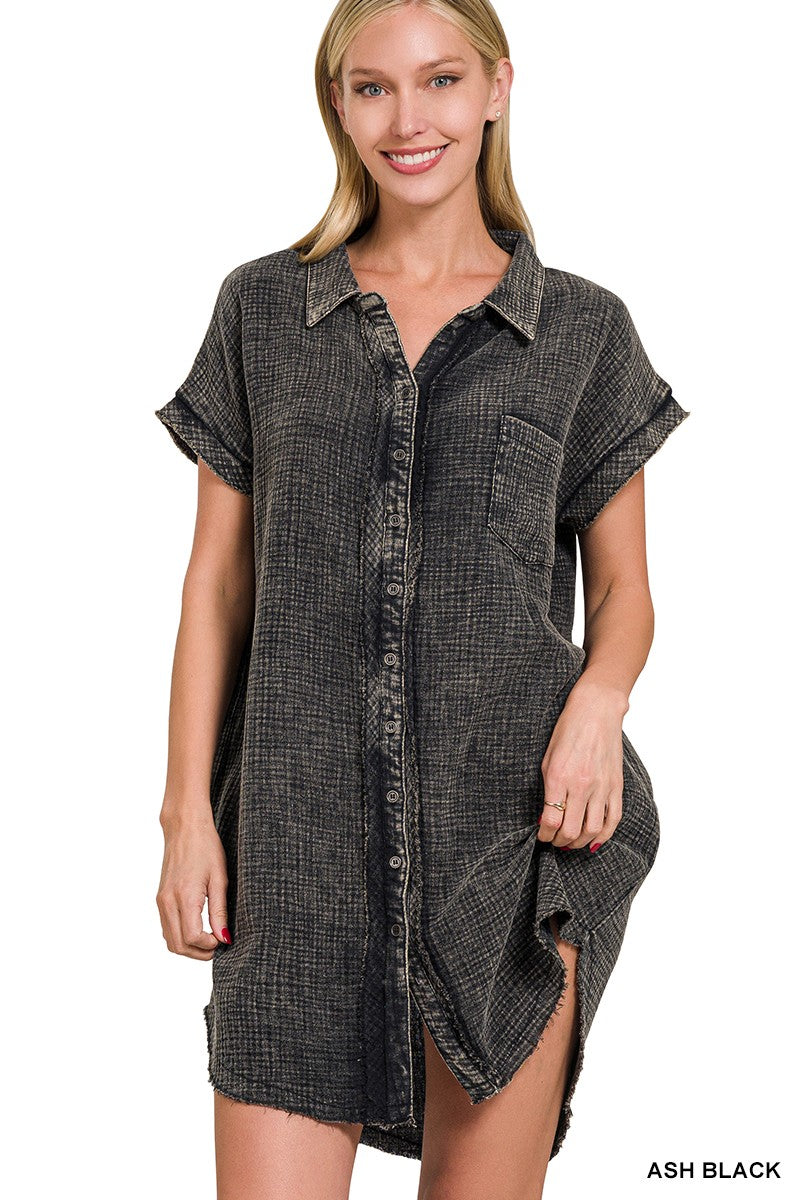 WASHED DOUBLE GAUZE BUTTON DOWN SHIRT DRESS