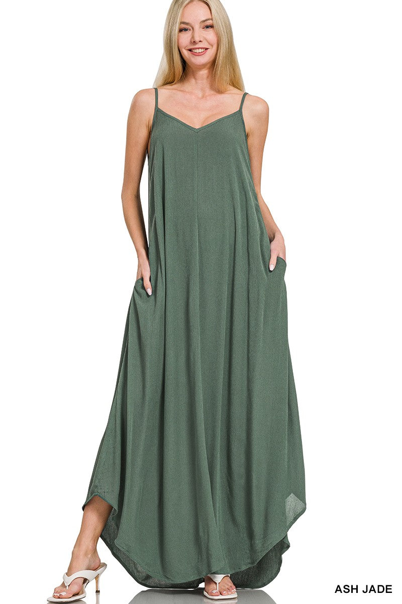 WOVEN CRINKLE CAMI MAXI DRESS W SIDE POCKETS