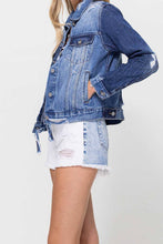 Load image into Gallery viewer, DISTRESSED CLASSIC FIT CROP JACKET W CONTRAST FABRIC
