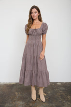 Load image into Gallery viewer, PLAID PUFF SLEEVE CORSET DETAIL TIERED MIDI DRESS
