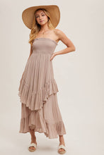 Load image into Gallery viewer, BOHO SMOCKED STRAPLESS TIERED RUFFLE MIDI DRESS
