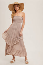 Load image into Gallery viewer, BOHO SMOCKED STRAPLESS TIERED RUFFLE MIDI DRESS
