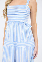 Load image into Gallery viewer, STRIPE TIE DETAIL SLEEVELESS TIERED MIDI DRESS
