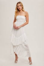 Load image into Gallery viewer, BOHO SMOCKED STRAPLESS TIERED RUFFLE MIDI DRESS
