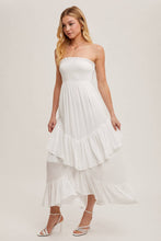 Load image into Gallery viewer, BOHO SMOCKED STRAPLESS TIERED RUFFLE MIDI DRESS
