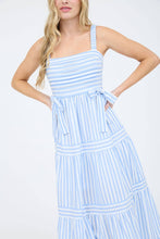 Load image into Gallery viewer, STRIPE TIE DETAIL SLEEVELESS TIERED MIDI DRESS
