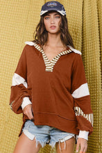 Load image into Gallery viewer, French Terry Knit Color-block Collared Loose Fit Top

