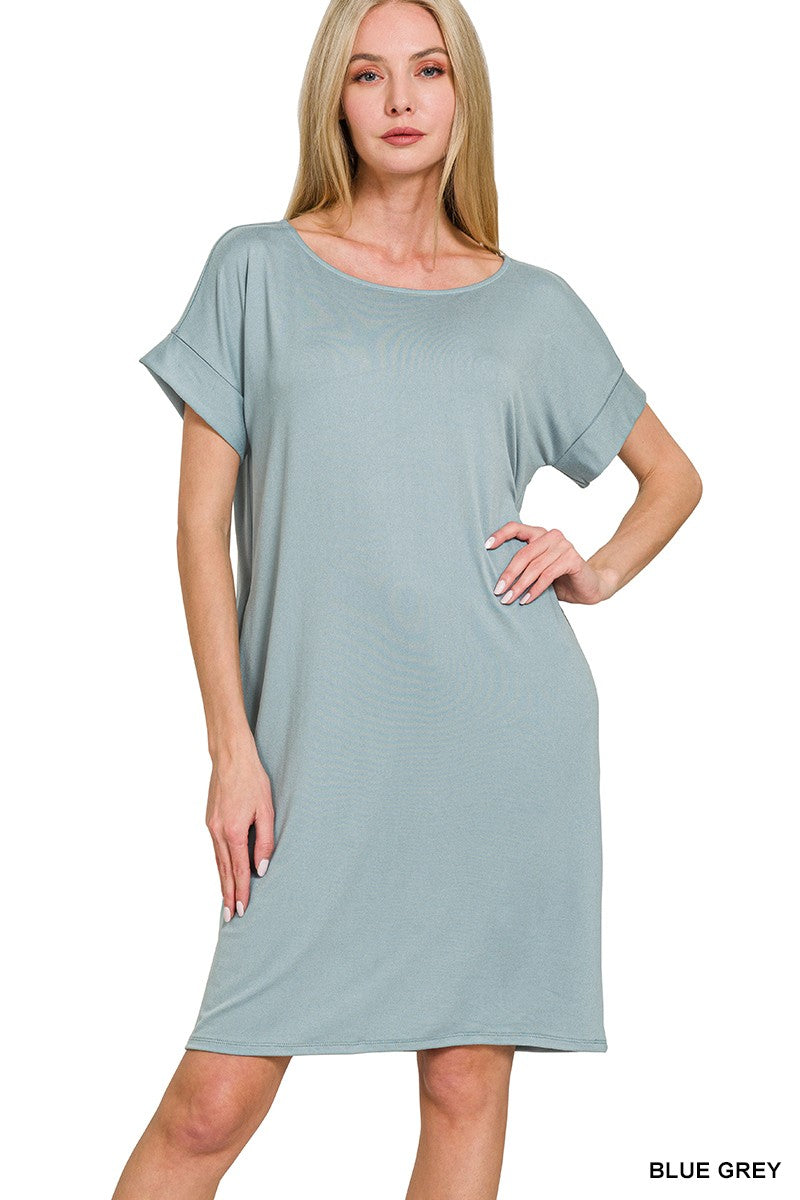 ROLLED SHORT SLEEVE ROUND NECK DRESS