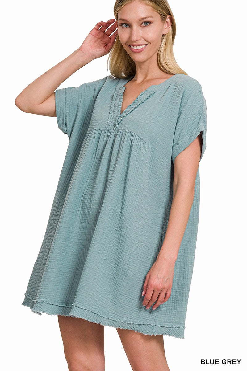 DOUBLE GAUZE RAW EDGE V-NECK DRESS
