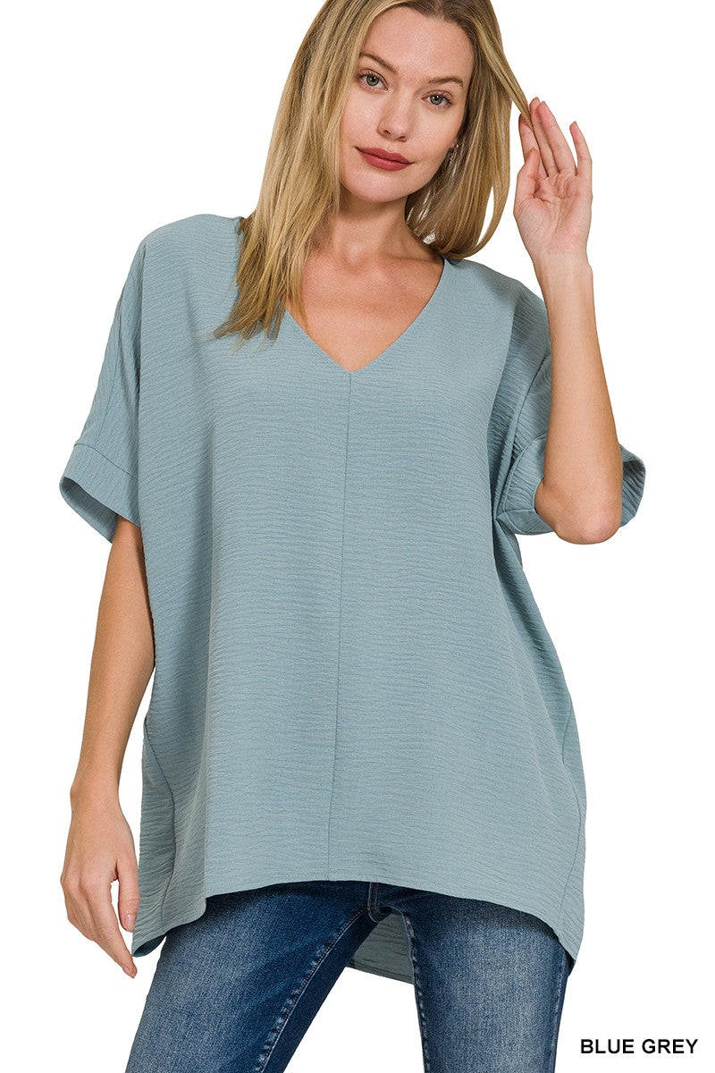 WOVEN AIRFLOW V-NECK DOLMAN SHORT SLEEVE TOP