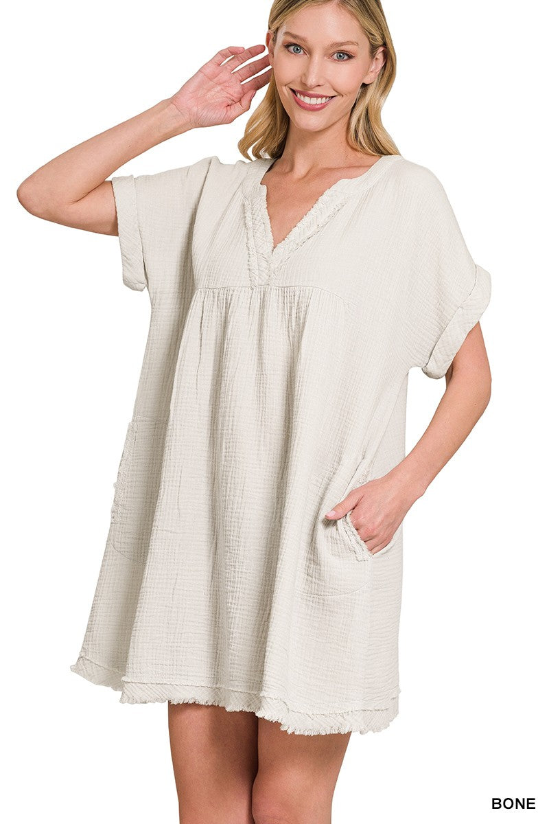 DOUBLE GAUZE RAW EDGE V-NECK DRESS