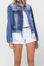 Load image into Gallery viewer, DISTRESSED CLASSIC FIT CROP JACKET W CONTRAST FABRIC

