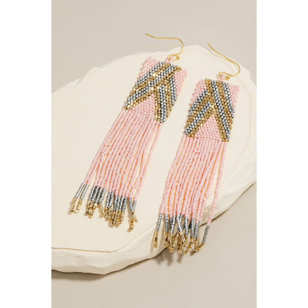 Rectangular Boho Seed Beaded Fringe Dangle Earrings
