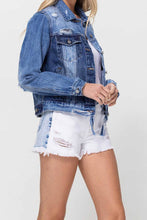 Load image into Gallery viewer, DISTRESSED CLASSIC FIT CROP JACKET W CONTRAST FABRIC
