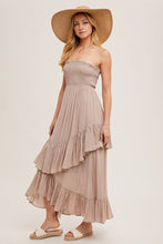 Load image into Gallery viewer, BOHO SMOCKED STRAPLESS TIERED RUFFLE MIDI DRESS
