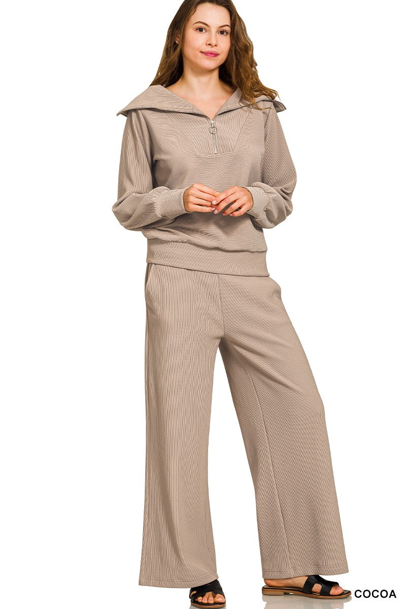Ribbed High Neck Half Zip Pullover & Pants Set