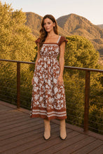 Load image into Gallery viewer, FLORAL BORDER DETAIL SMOCKED WAIST MIDI DRESS
