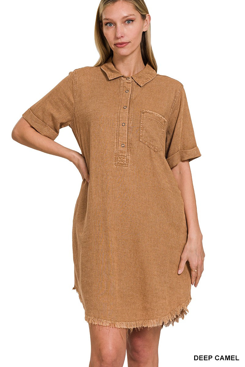 WASHED LINEN RAW EDGE BUTTON DOWN V-NECK DRESS