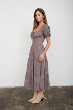 Load image into Gallery viewer, PLAID PUFF SLEEVE CORSET DETAIL TIERED MIDI DRESS
