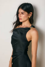 Load image into Gallery viewer, Satin Metal Trim Cowl Ruched Midi Dress
