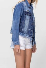 Load image into Gallery viewer, DISTRESSED CLASSIC FIT CROP JACKET W CONTRAST FABRIC
