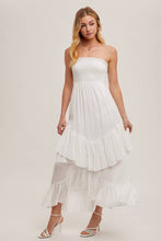 Load image into Gallery viewer, BOHO SMOCKED STRAPLESS TIERED RUFFLE MIDI DRESS
