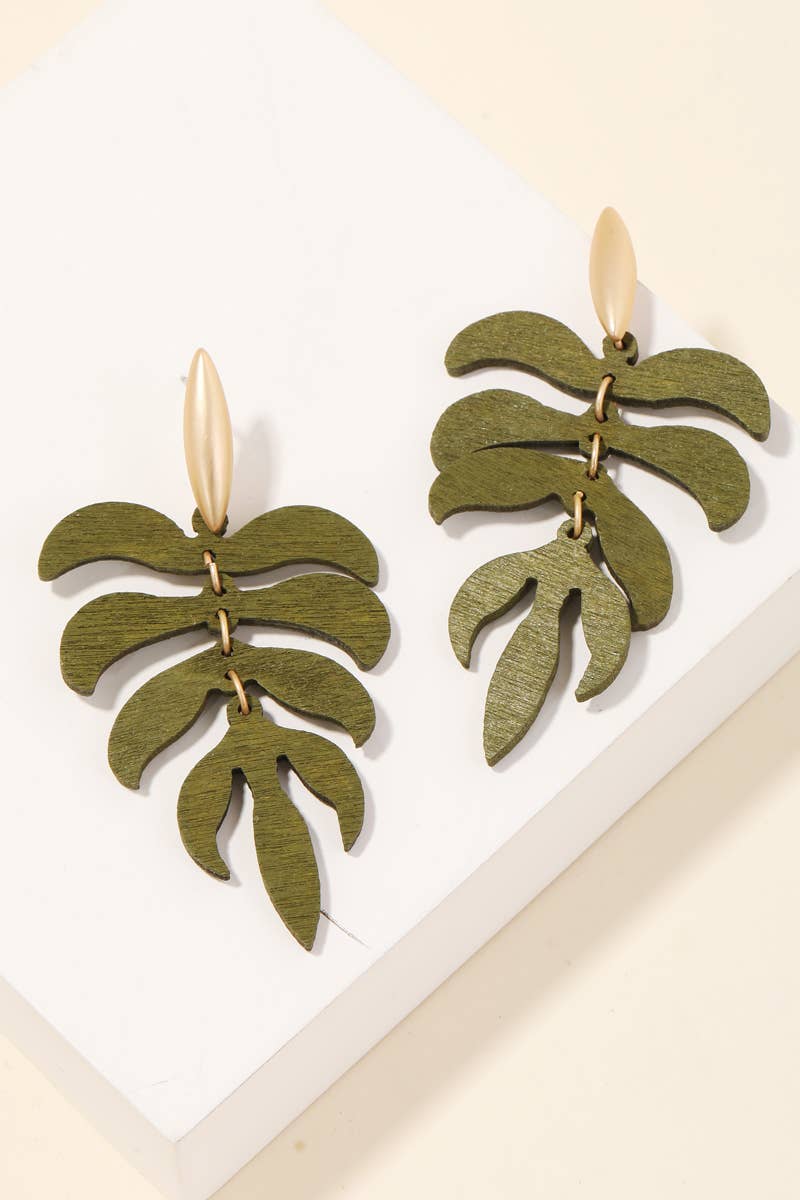 Tiered Wood Texture Monstera Drop Earrings