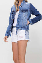 Load image into Gallery viewer, DISTRESSED CLASSIC FIT CROP JACKET W CONTRAST FABRIC
