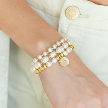Load image into Gallery viewer, Cross + Pearls Stretch Charm Bracelet
