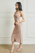 Load image into Gallery viewer, Satin Metal Trim Cowl Ruched Midi Dress
