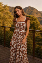 Load image into Gallery viewer, FLORAL BORDER DETAIL SMOCKED WAIST MIDI DRESS
