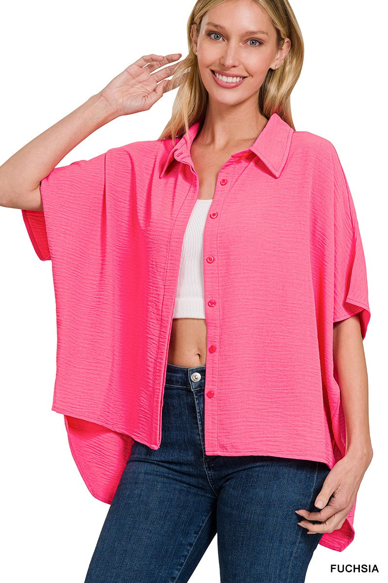 WOVEN AIRFLOW SHORT SLEEVE BUTTON DOWN SHIRT TOP