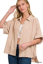 Load image into Gallery viewer, LINEN RUCHED SEAM CUFFED SLEEVE BUTTON DOWN TOP
