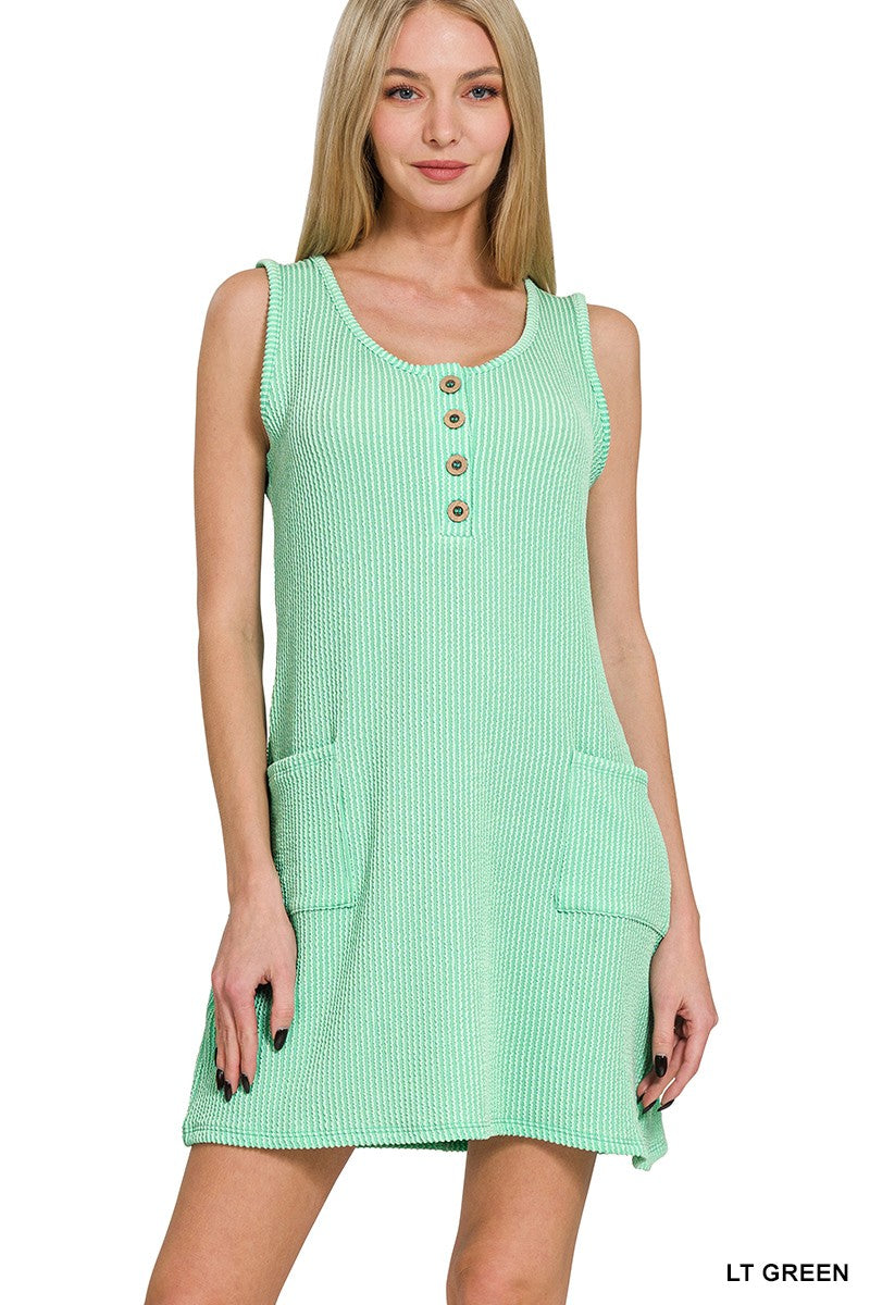 CORDED RIB SLEEVELESS TANK MINI DRESS W/POCKETS