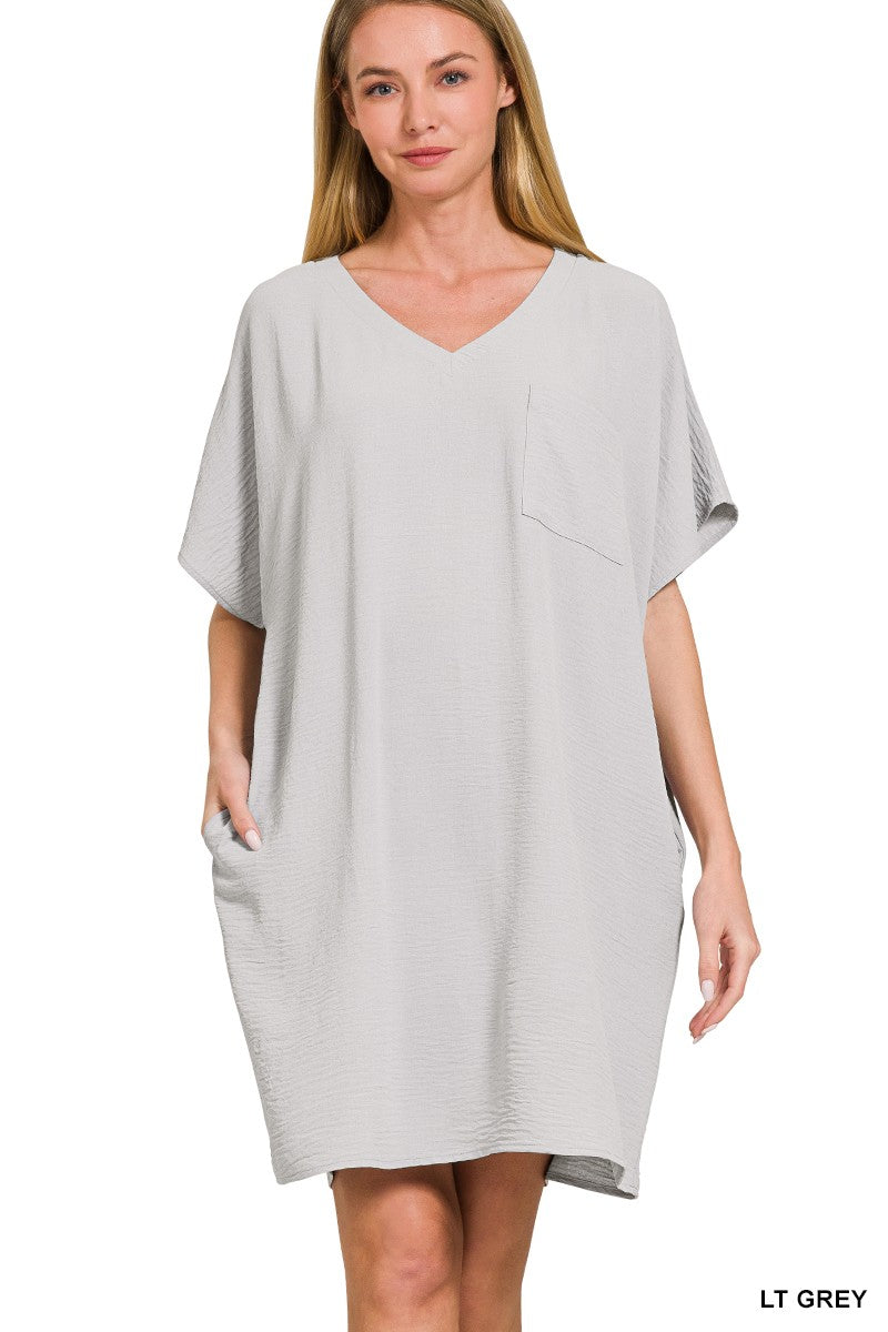 WOVEN AIRFLOW V NECK T SHIRT DRESS WITH POCKETS