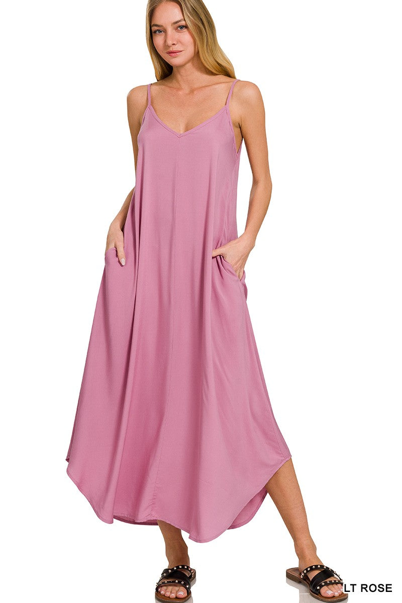 WOVEN ARC HEM CAMI MIDI DRESS WITH FLOWY POCKETS